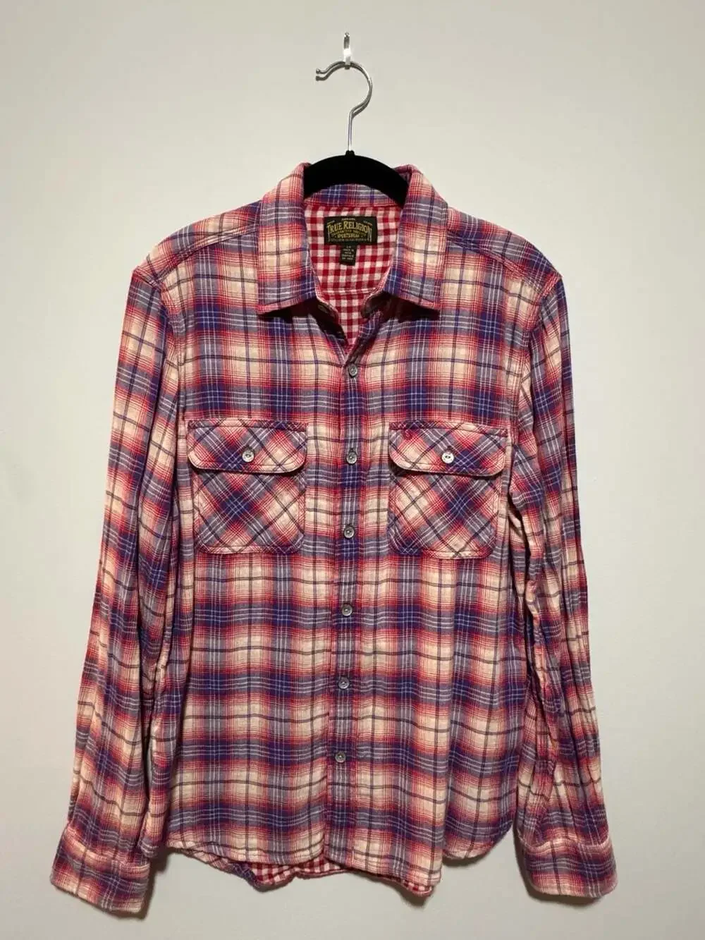 True Religion Plaid Button Up Shirt Men’s Small Red Blue Cotton